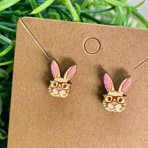 Hand Painted Bunny Rabbit with Glasses Wood Stud Earrings